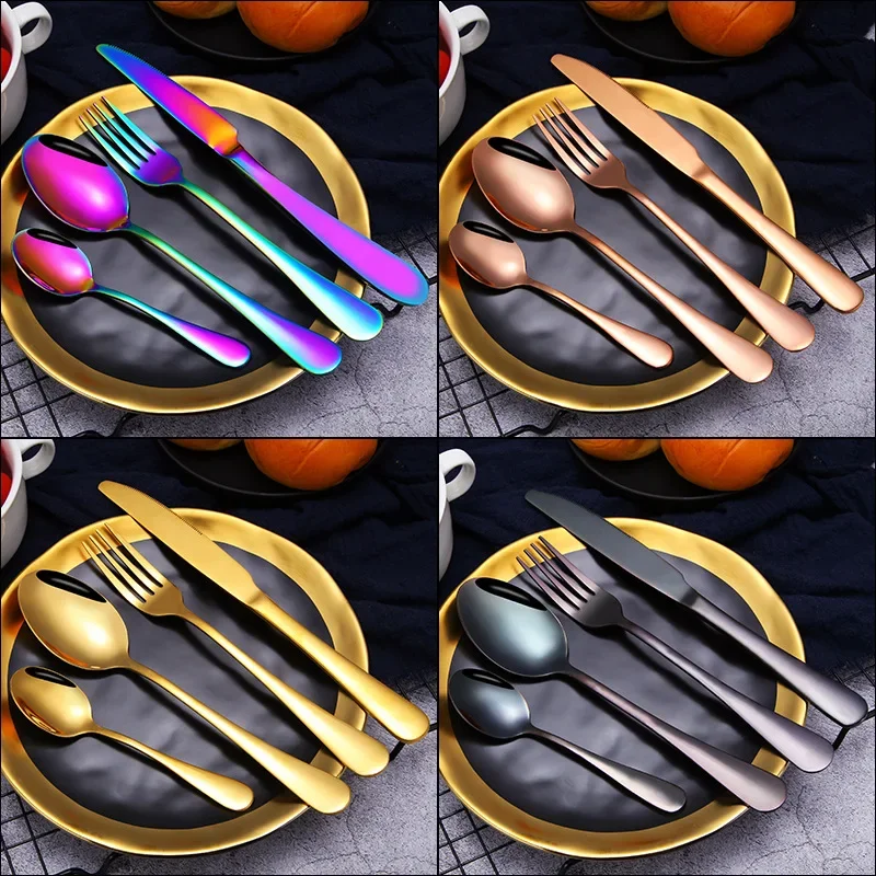 4pcs stainless steel tableware western food steak knife fork spoon dinning table set  tableware reusable gold silverware set