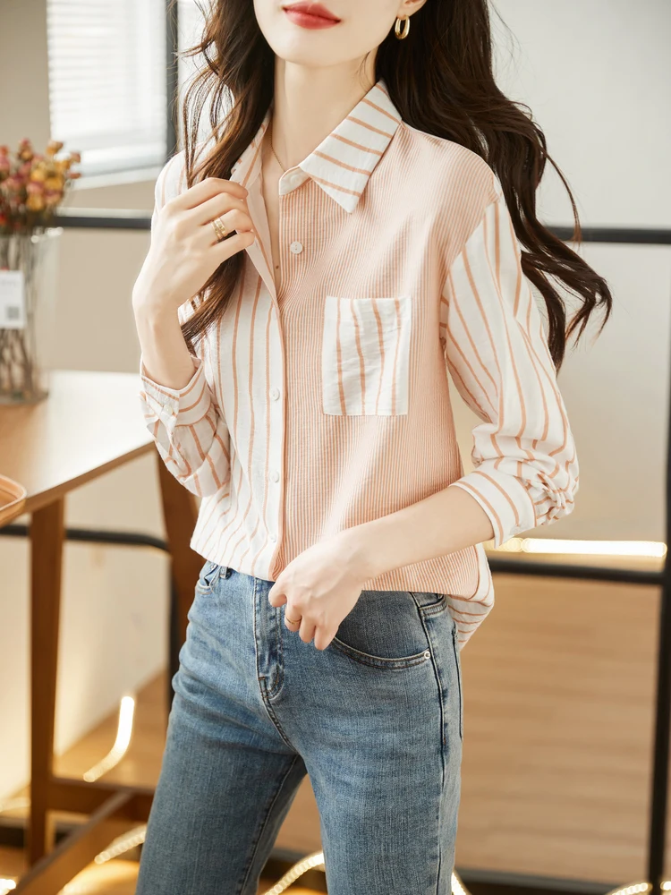 Women's Large Shirt 2023 New Spring/Summer Contrast Color Personalized Stripe Long Sleeve Shirts Fashion Professional Top Trend