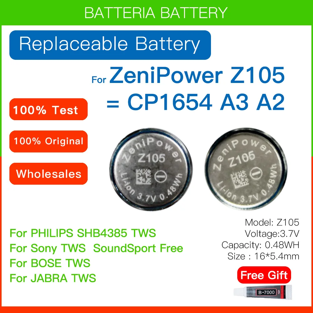 

Original Z105 Replace CP1654 A3 130mAh Battery For Sony Bose JABRA Soundsport PHILIPS SHB4385 TWS Wireless Bluetooth Headset