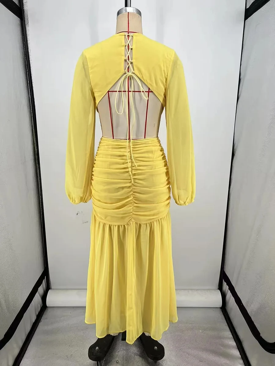 TWOTWINSTYLE เซ็กซี่ Spliced Sheer ตาข่าย Maxi ชุดผู้หญิงลึก V คอยาวแขนยาวกลางเอว Patchwork พับชุดหญิงใหม่