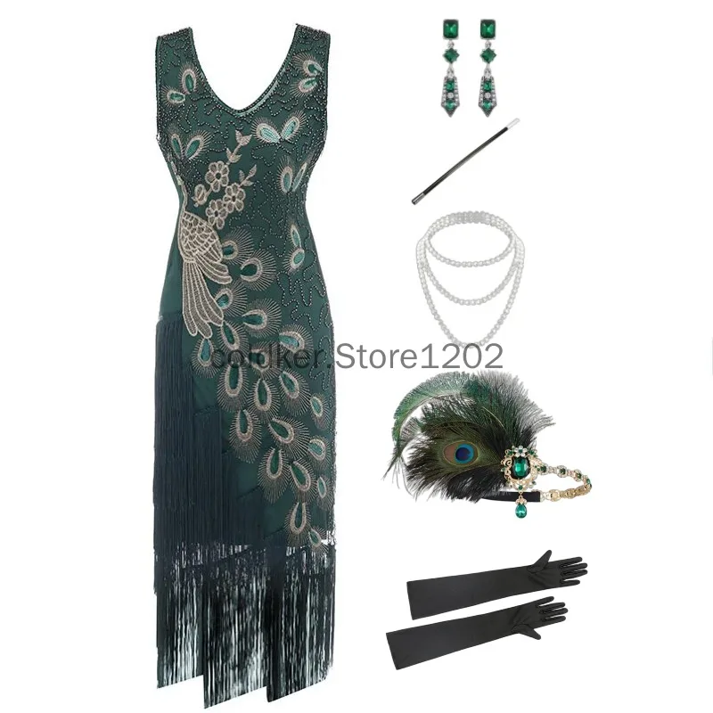 

1920s Flapper Dress Peacock Sequin Fringed Gatsby Costume with Accessories Set for Women Sequin Fringe Party Dress