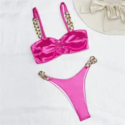 Sexy Rose Red Satin Swimwear Women Bandeau Metal Ring Bikinis Sets Swimsuit High Cut Bathing Suit Thong Bikini 2026 Mujer Bather