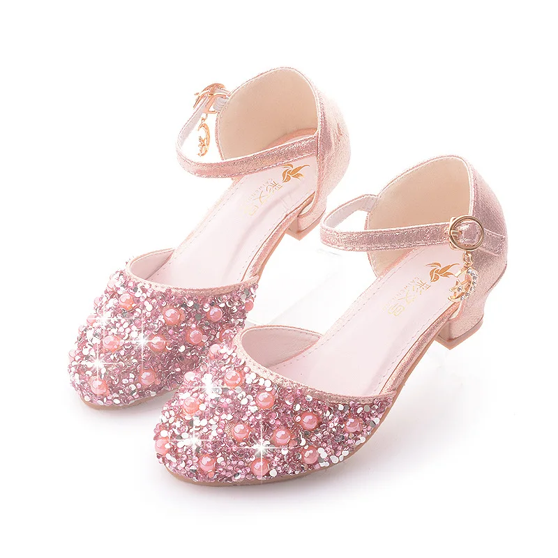 Princess Girls Party Shoes Children Sandals Pearl Bright Diamond Crystal High Heels Party Shoes Kids Student Performance Shoes