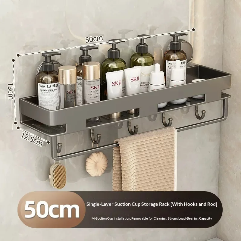 Vacuum Suction Cup Bathroom Storage Shelf Wall Mount Shower Organizer Rack With Towel Bar Hooks Removable Washroom Accessories