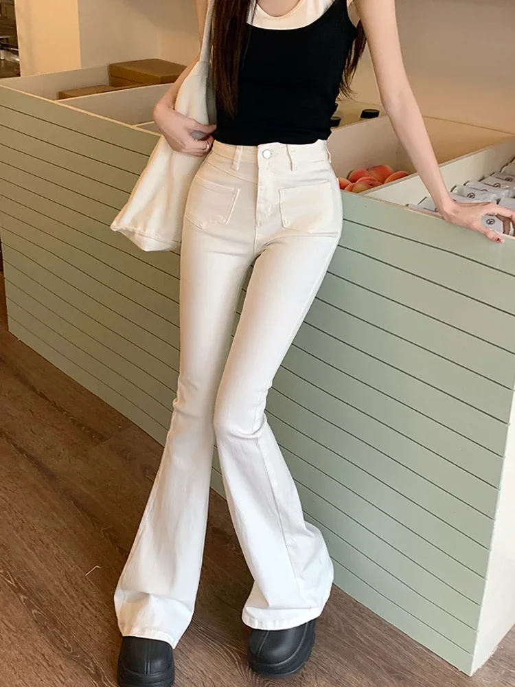Trendy and minimalist white design pocket jeans women's summer high waisted slim fit elastic micro flared pants
