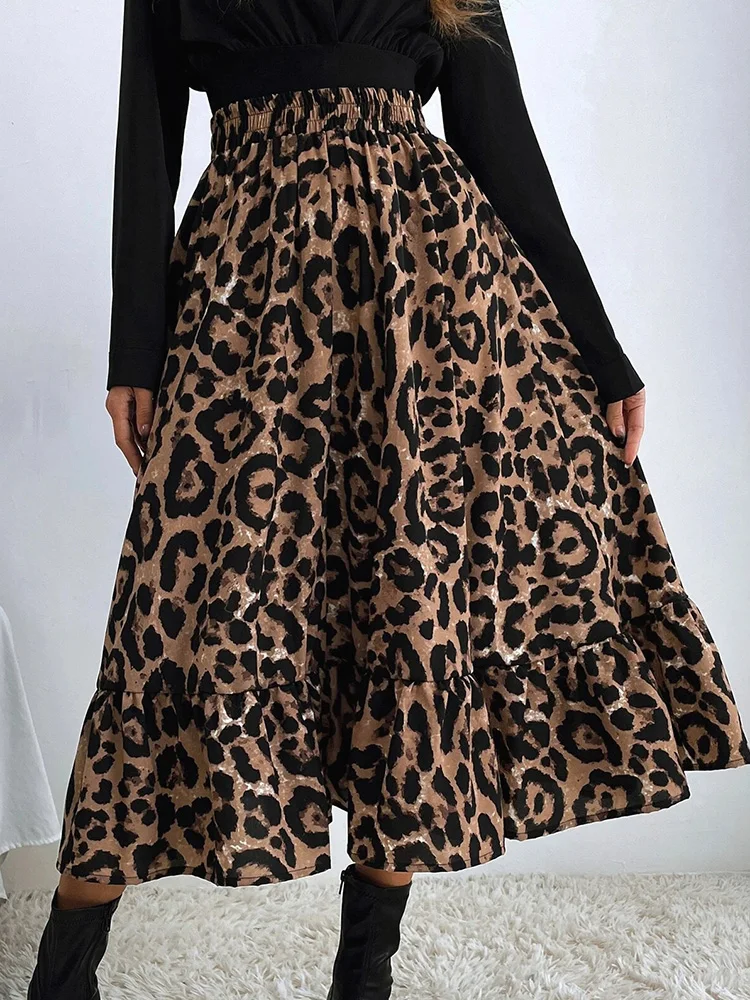 Saia plissada em chiffon feminina, cintura alta, saias longas soltas, estampada em leopardo, meio da panturrilha, cinza, café, sexy, verão