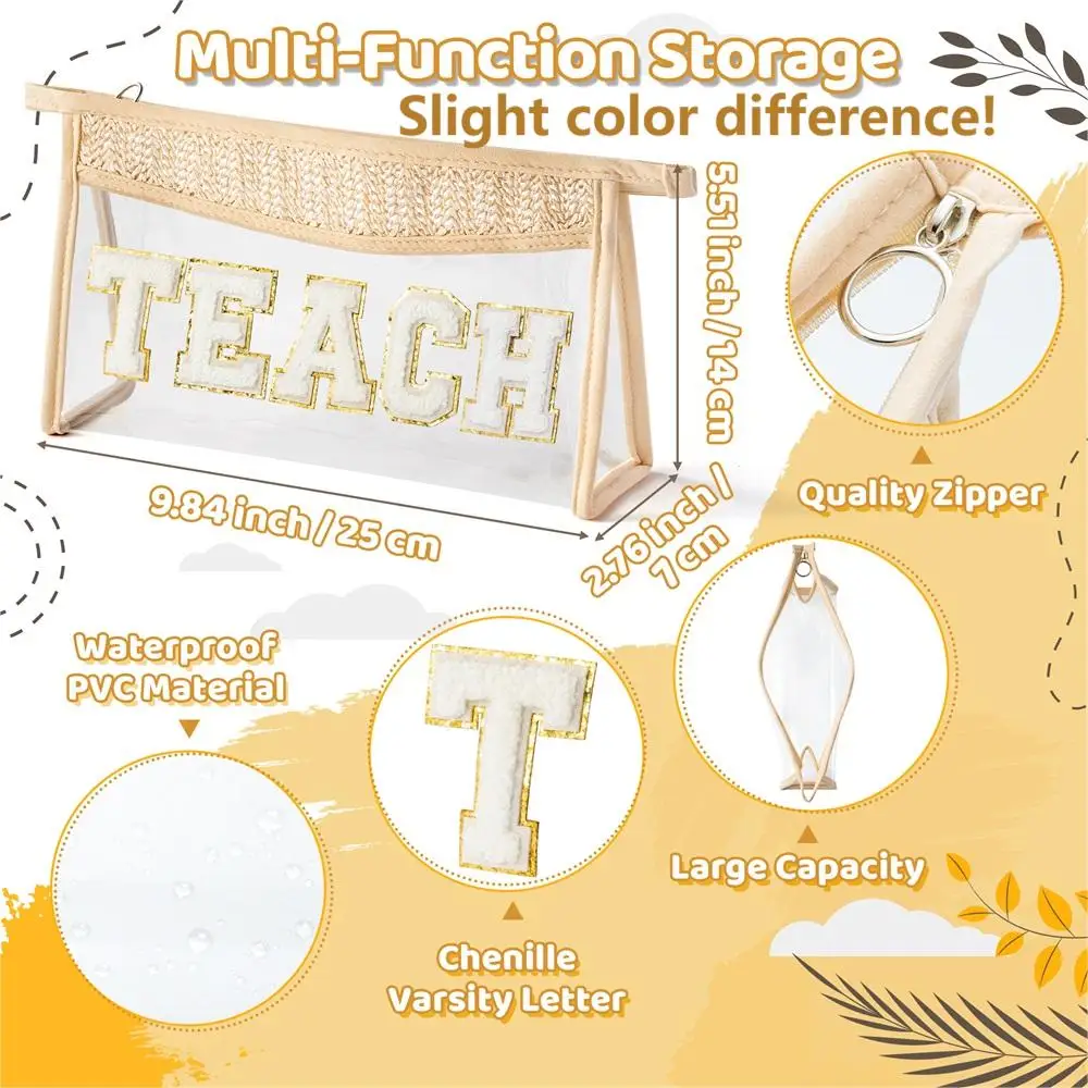 Beige Braid PVC Transparent Makeup Bag White Path TEACH Letter Triangle Toilet Storage Bag for Daily Use Business Office Travel