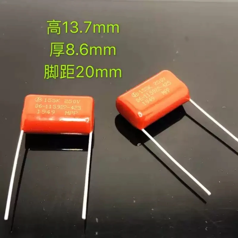 Condensador de película de polipropileno MPP CBB21 155K 250V 1.5UF P20mm, producto taiwanés