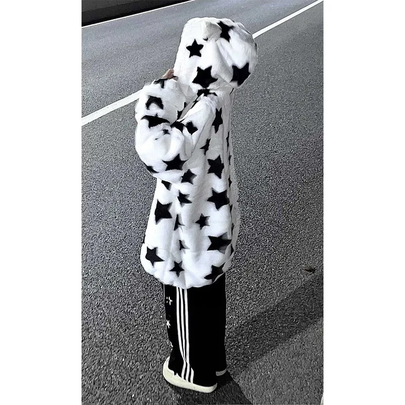 Giacca con cappuccio stampata a stella per donna Inverno Allentato oversize Sudaderas Harajuku Ropa Mujer Con cappuccio Zip Up Moda Y2k Goth Cappotti