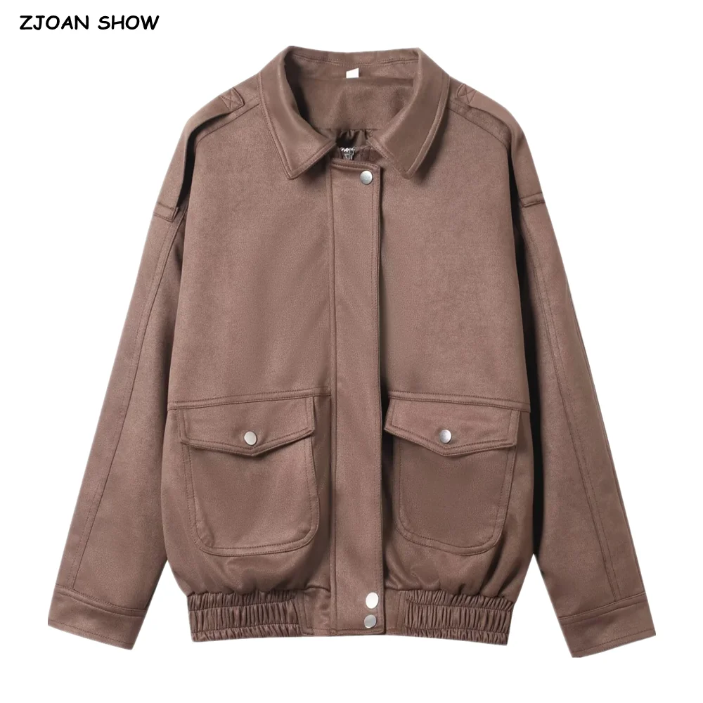 

New 2025 Women Pockets Zip up Faux Suede Coat Epaulet Full Sleeve Elastic Hem Loose Outerwear Lapel Collar Safari Jacket Brown