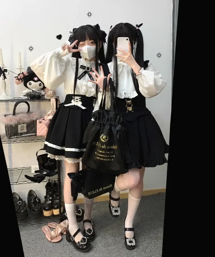 하라주쿠 스위트 하트 버튼 스커트 여성용 Y2k E-Girl 하이 웨이스트 크로스 스트랩 스커트 2025 가을 새로운 곰팡이 a 라인 Faldas Mujer