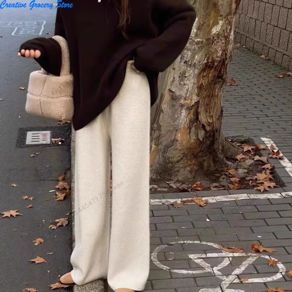 الخريف الشتاء سميكة جديدة واسعة الساق السراويل النسائية ثنيات محبوك مستقيم السراويل الطويلة الكشمير ملابس خارجية