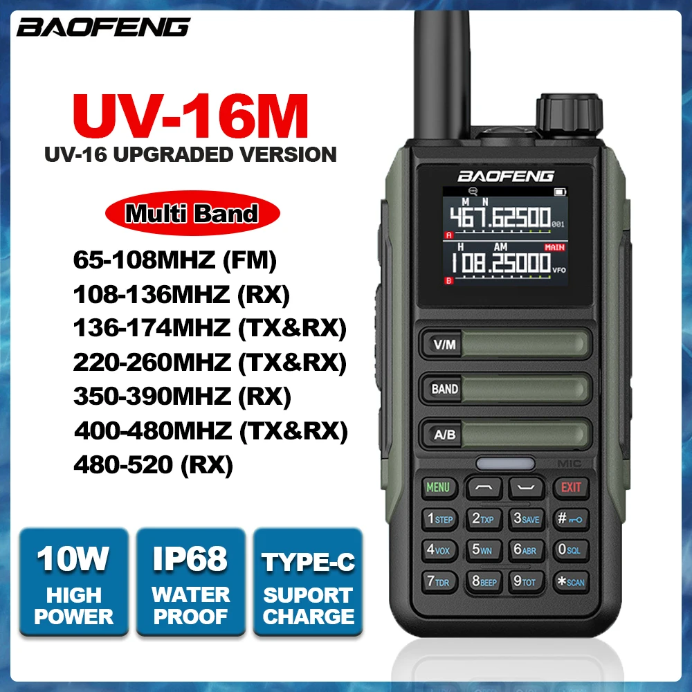 Baofeng UV-16M Walkie Talkie a lungo raggio Mulit Band AM FM impermeabile Wireless frequenza copia Radio CB bidirezionale ad alta potenza