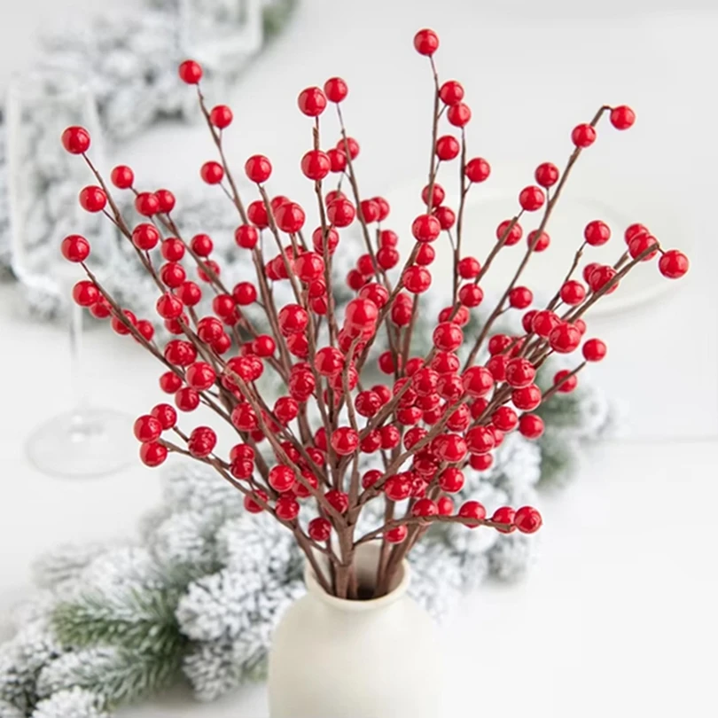الفواكه الاصطناعية نبات مقلد هولي الفاكهة الحمراء الصغيرة عيد الميلاد غرفة المنزل الاحتفال ديكور الحفلات زهرة DIY بها بنفسك زخرفة الزفاف