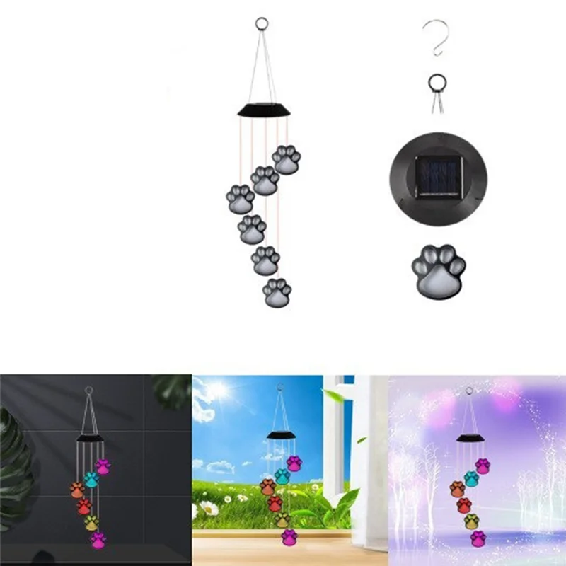 LED surya lampu lonceng angin cetak cakar surya lonceng angin kucing anjing peliharaan Pawprint surya IP65 tahan air gantung