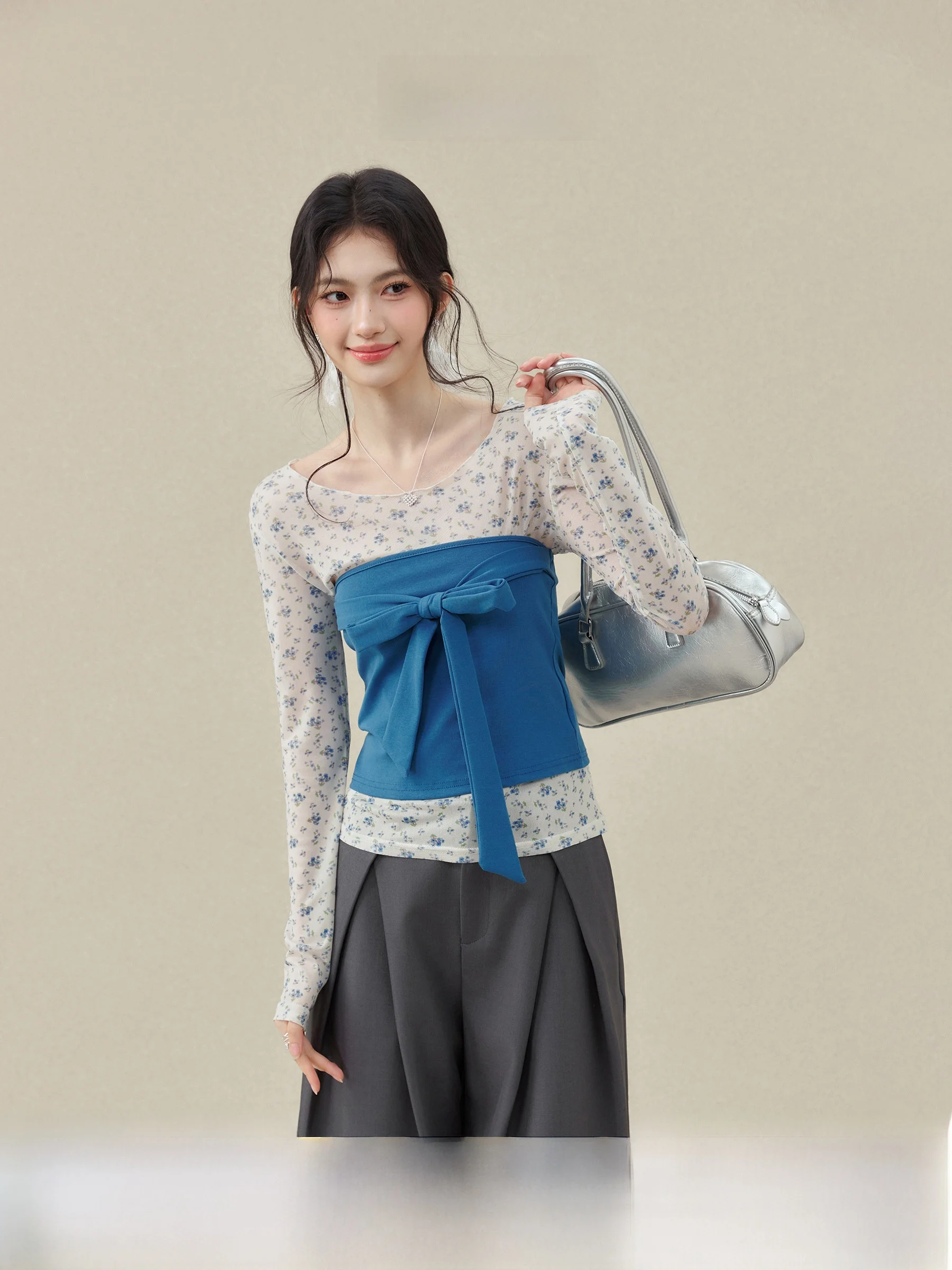 

Синяя футболка с цветочным принтом и длинным рукавом, тонкий дизайн, новинка весеннего сезона, красивый топ, женская модная одежда для повседневной носки, облегающий крой, круглый вырез...