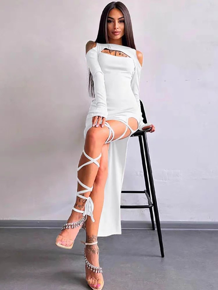 Rororiri Effen Bandage Split Lange Jurk Vrouwen Ribgebreide Lange Mouwen Uitgesneden Koude Schouder Slanke Sexy Bodycon Eendelige Streetwear