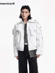 Mauroicardi Spring Autumn Cool Loose White Soft Pu Leather Jacket Men Zipper Belt Luxury Designer Clothes Runway Fashion 2023