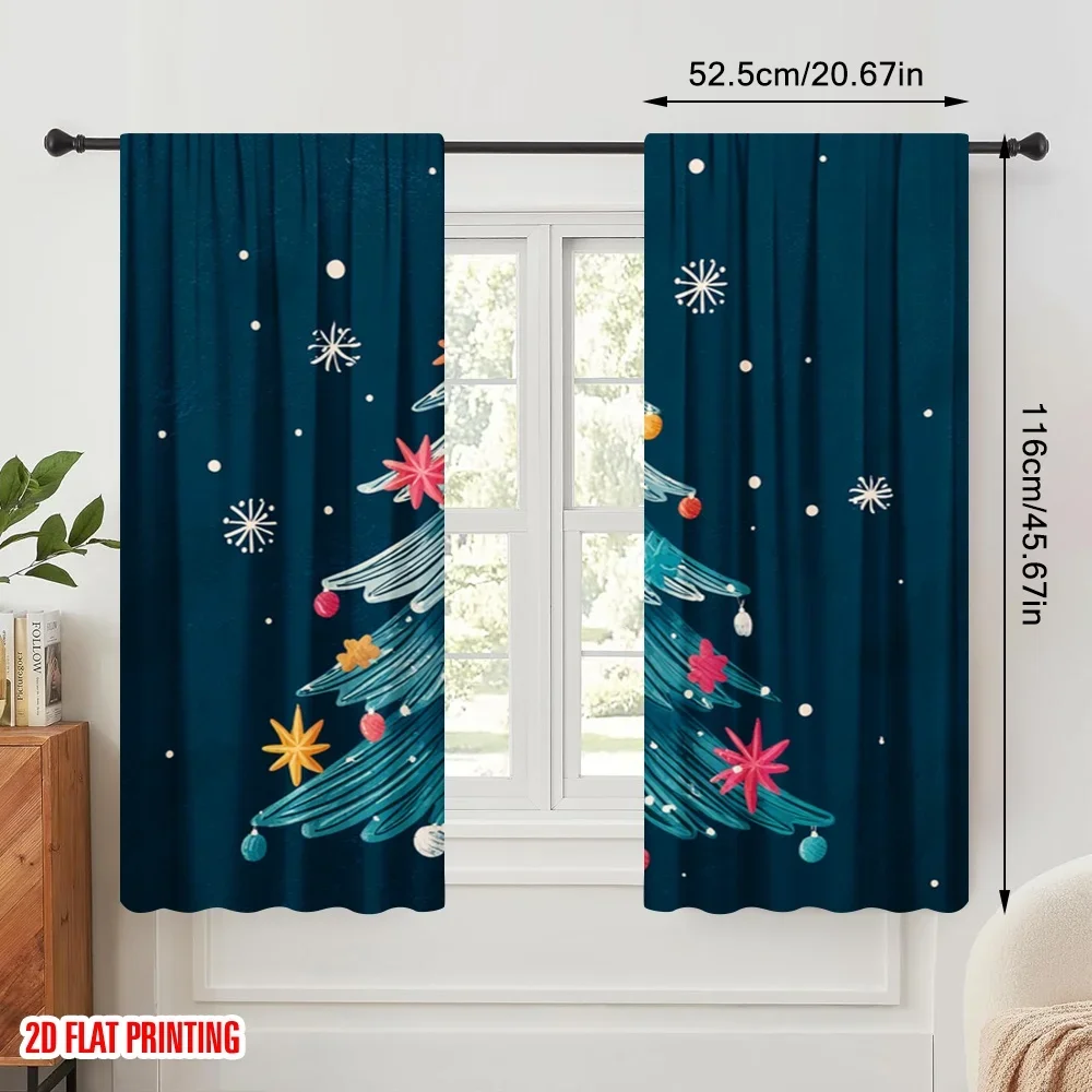 2pcs,2D plane printing Pattern Curtains Vibrant Snowflake & Christmas Tree Versatile Polyester Fabric (without rod) Versatile