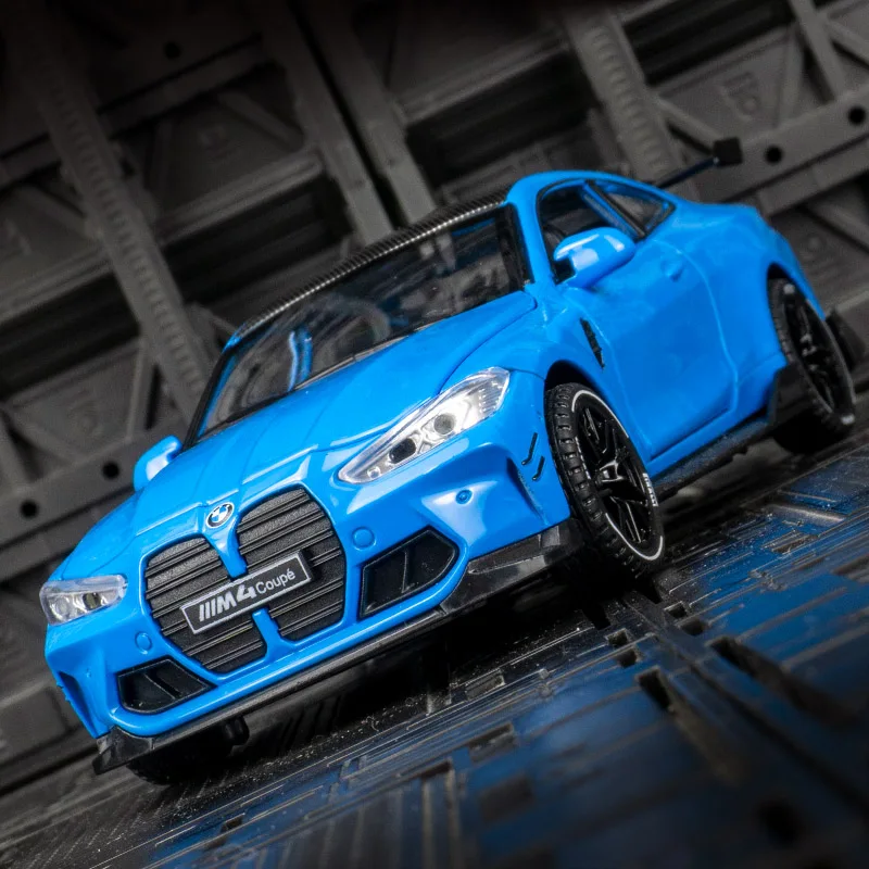 1:32 ornamento de modelo de carro em liga BMW M4, portas e capô do motor, porta-malas pode ser aberto para detalhes ricos de carros de brinquedo infantis