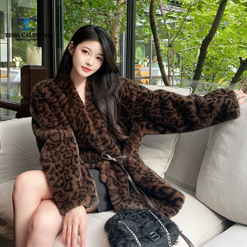 Leopard Print Faux Fur, Medium Length V-neck Lace Up Thick Fur One-piece Jacket, Women's Autumn and Winter New Style