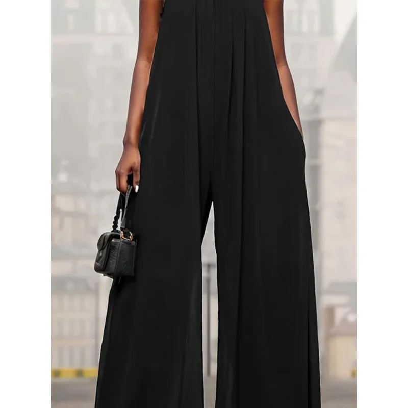 

European and American Spring Summer Elegant Fashion Solid Color Loose Jumpsuit Long Pants
