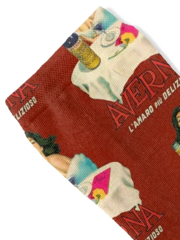 Vintage Italian liqueur Averna Amaro Sicilia aperitif alcoholic bevarage advertising brunette sitting at cafe table advert Socks