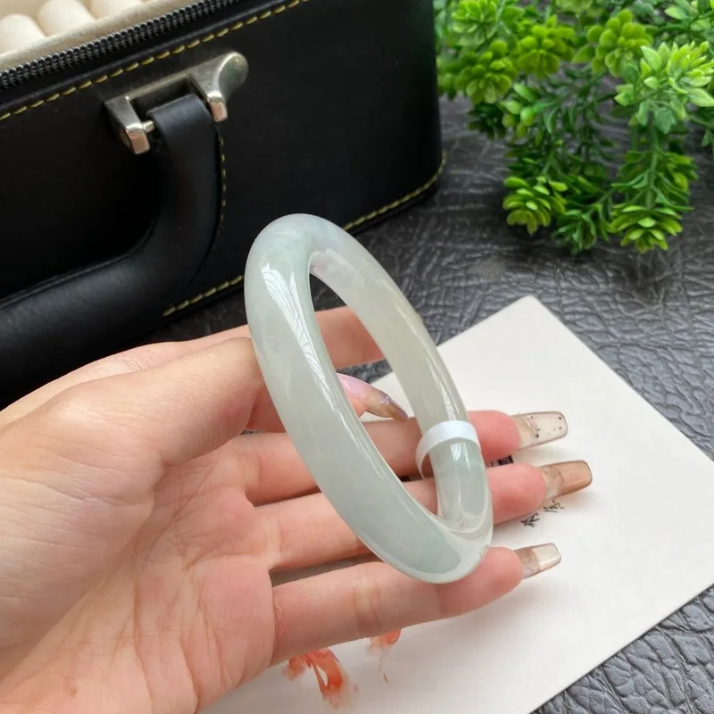Myanmar for women, soft jadeite light green with floral patterns, solid color, thick round bracelet, elegant an view 5