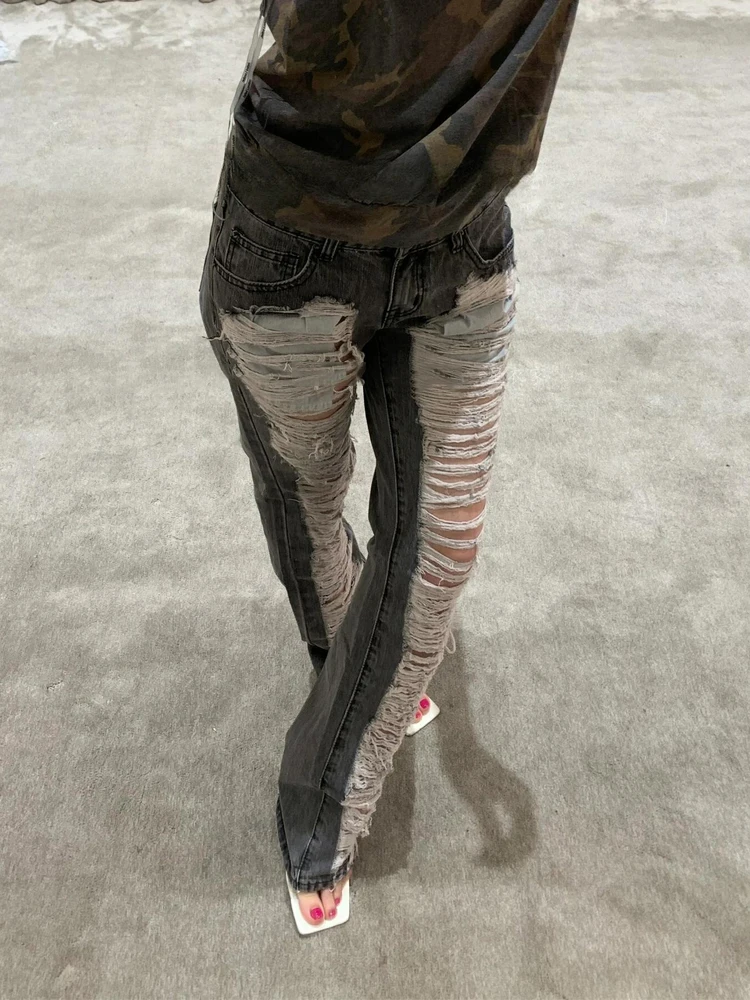 American style hot girl washing frayed trendy jeans 2025 summer retro personality design slimming sexy floor pants