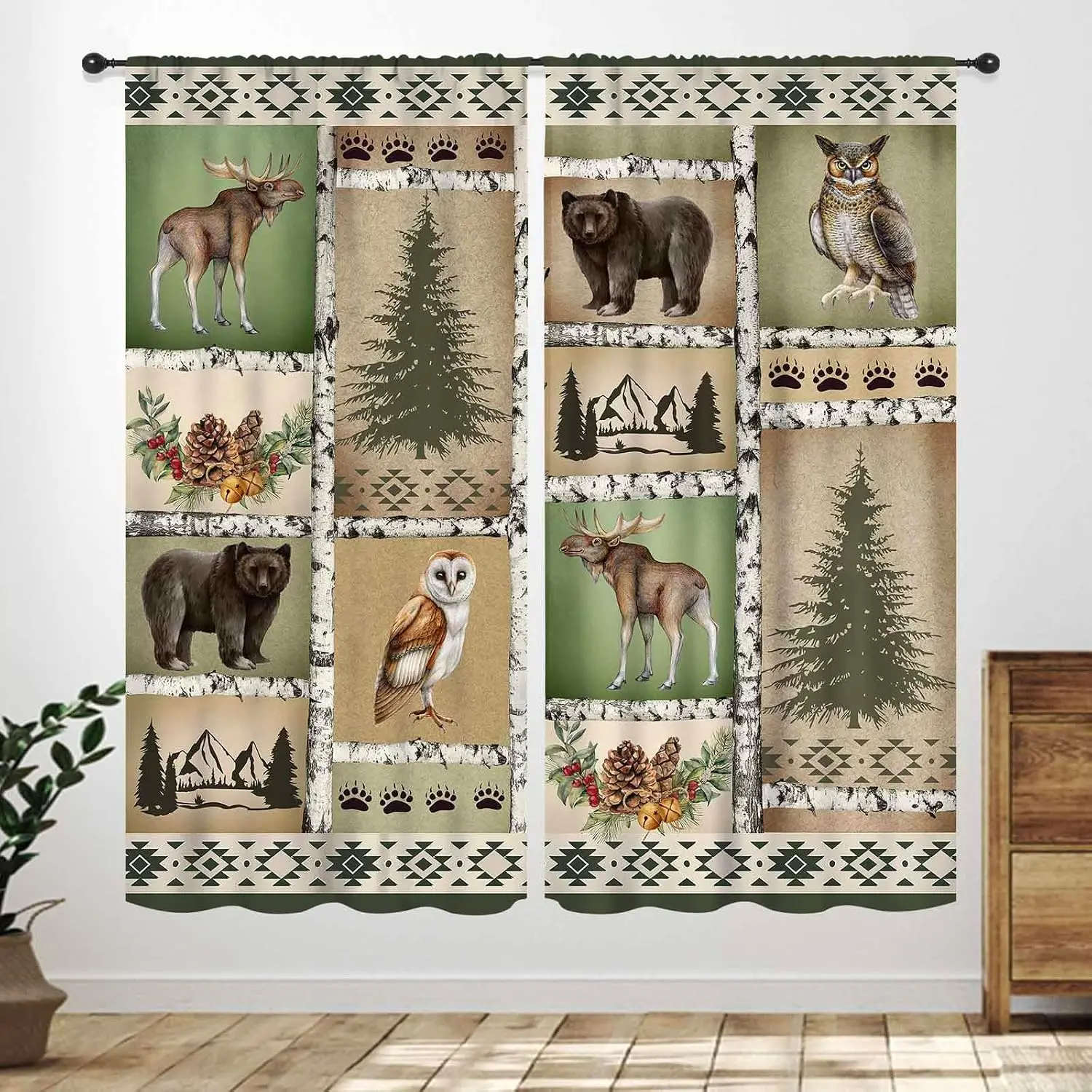 Rustic Wildlife Patchwork Curtains 2 Panels, Moose Bear Owl Pine Tree Birch Border Retro Color Block Window Drapes for Cabin