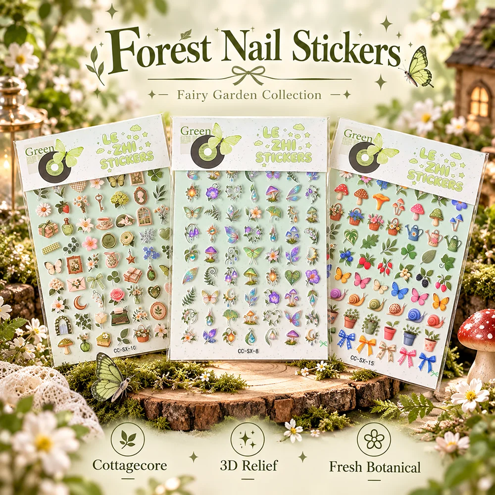 Lezhi Forest Nail Stickers Fairy Garden Botanical Mushroom Butterfly Decals 3D Glossy Vintage Style DIY Nail Art Decoration