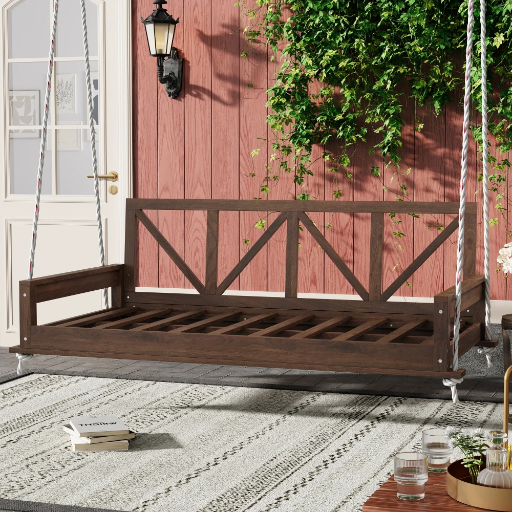 

Acacia Wood Twin Size Patio Swing Bed Modern Porch Swing Hanging Bed Frame with 16.4ft Hemp Ropes for Garden,Backyard,Brown