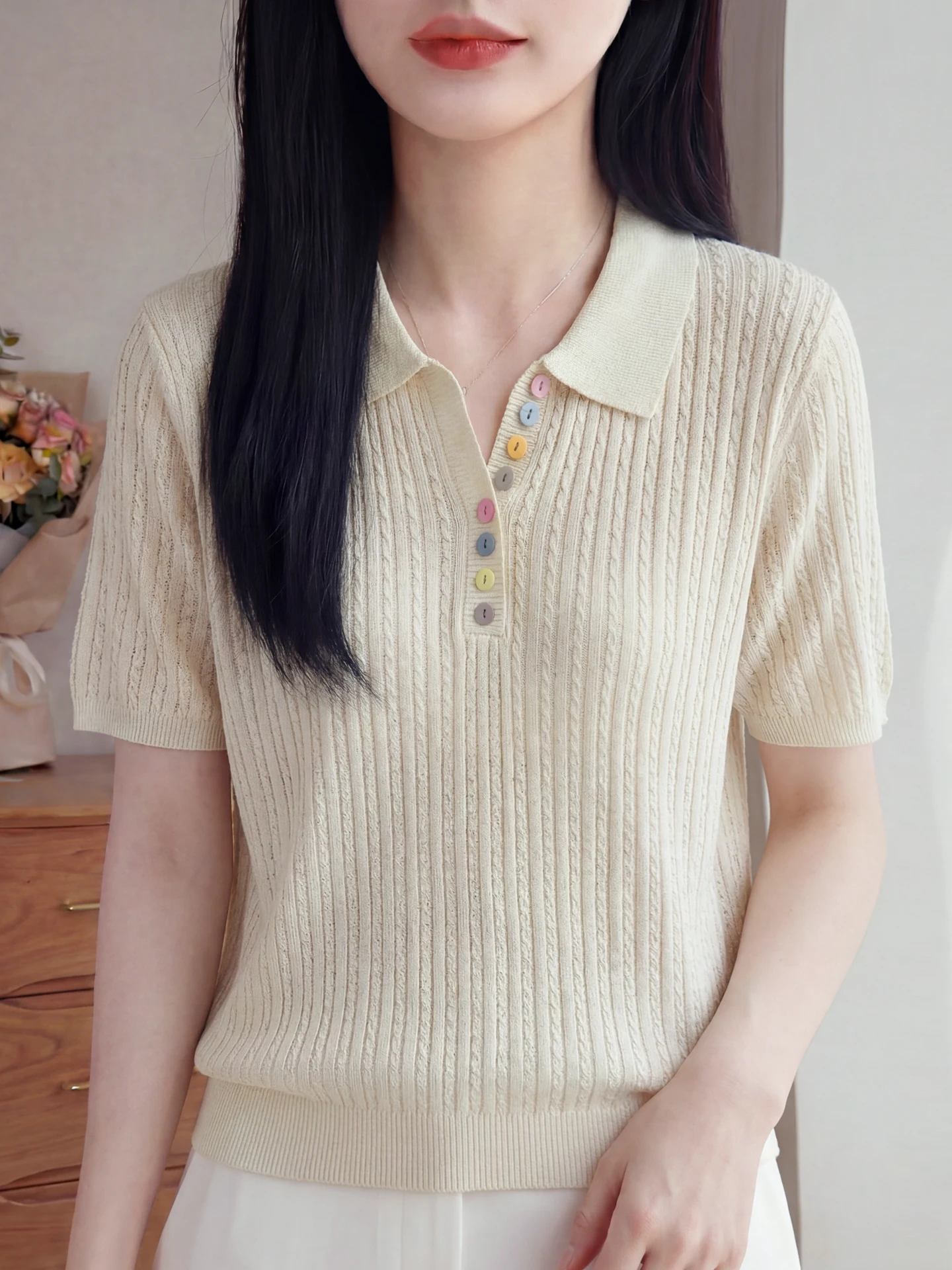 Slim Fit  Neck Knitted Short Sleeve T-Shirt Women Summer High End Feelings Turn down Collar Top Color Block Button Design