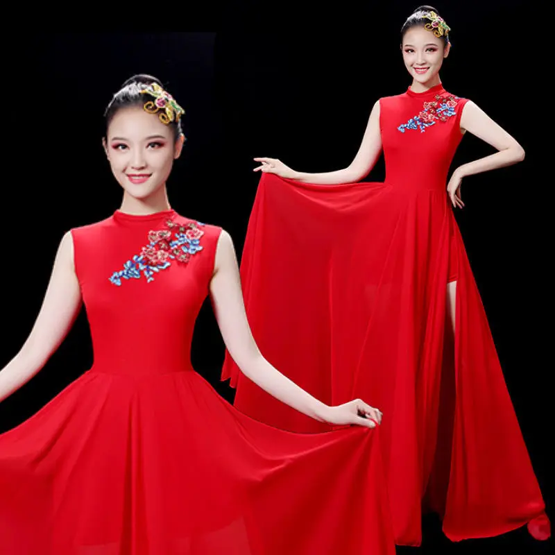 Opening Dance Dress White Big Skirt Performance Costume Chinese Style Dancing Dress Red Swing Skirt Dance Competition Costume