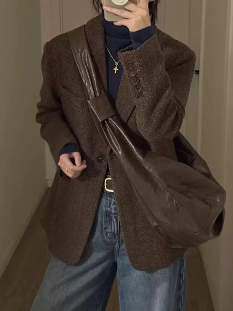 

Zoki Retro Faux Woolen Blazer Coat Women Harajuku Long Sleeve Fall Winter Y2K Jacket Streetwear American Casual Lady Suit Coat