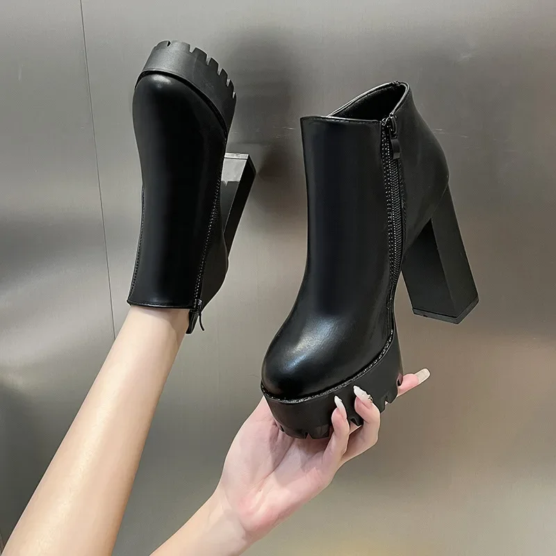 Gdgydh Fashion Black Ankle Boots For Women Thick Heels Spring Autumn Flock Platform Shoes High Heels Black Zipper Ladies Boots