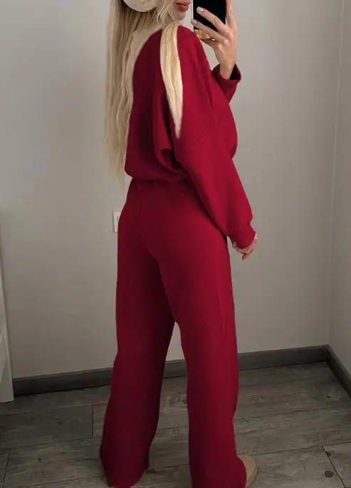 2025 Solid Color Round Neck Zipper Front Loose Jacket and Lace Up High Waisted Straight Leg Pants Set, Autumn Women's Sports Set