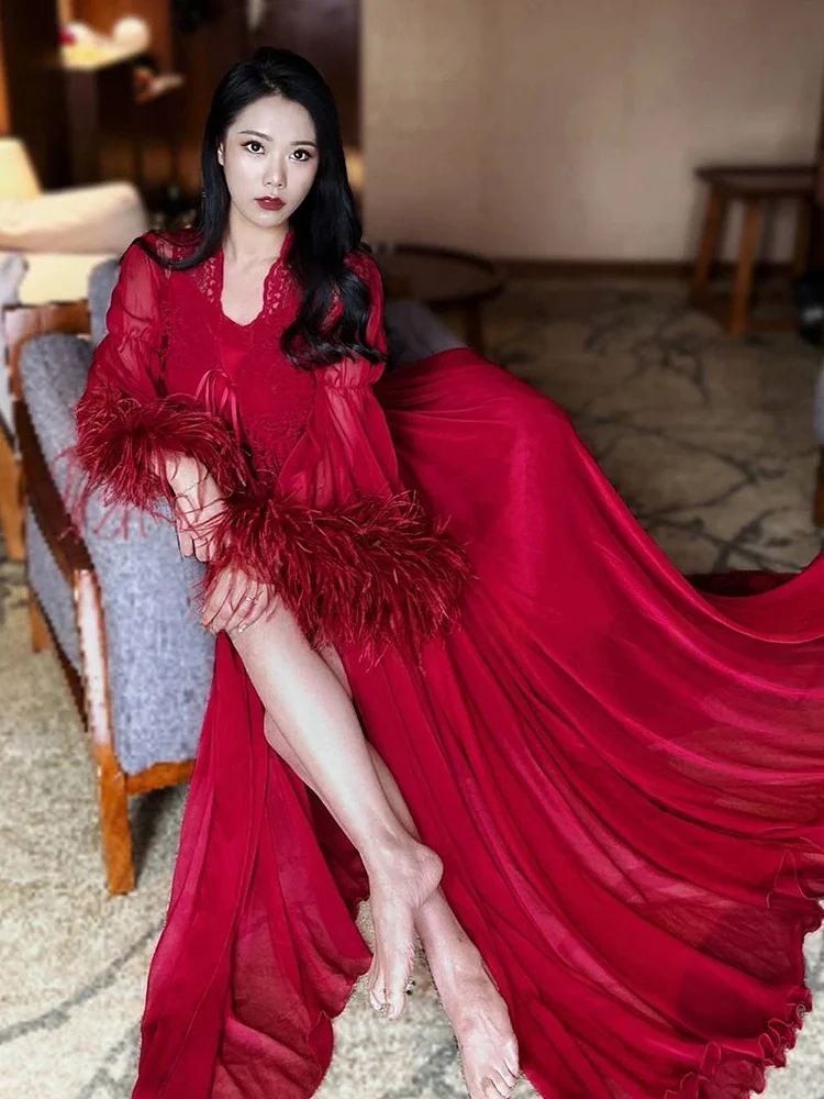 

Red Wedding Dr Morning Robe Women's New Bride Festive Sle Long Sve Feather Morning oot Ceremony Spwear