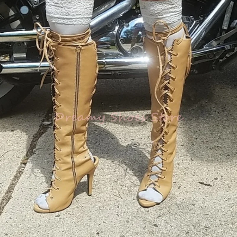 

Retro Leather Cross-Tied Knee High Boots Women Open Toe Lace Up Hollow Side Zipper Boots Sexy Fashion Trendy Party Ladies Shoes