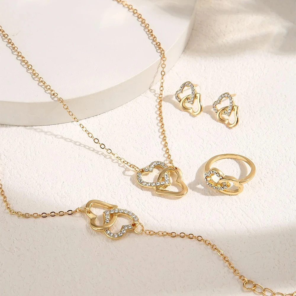 5 Piece Set Fashionable Elegant Gold Rhinestone Heart Shaped Decorative Jewelry Earrings Necklaces Bracelets Ring Combinations