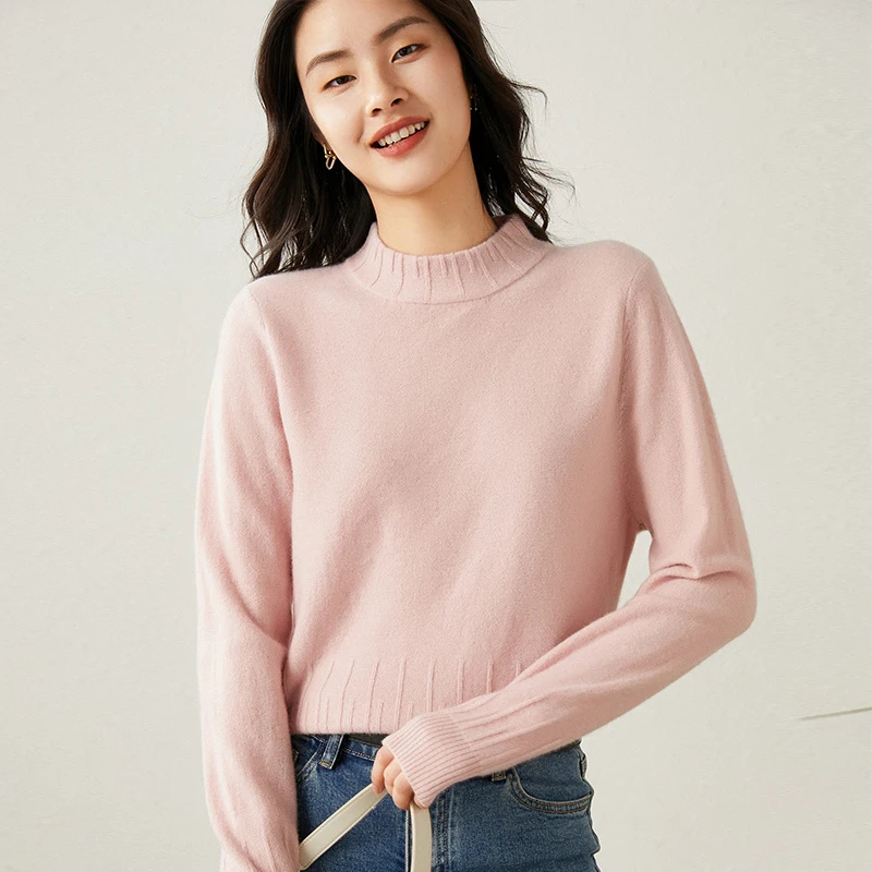 Sweater atasan wol wanita lengan panjang, Atasan pakaian rajut dasar lembut wol Merino 100%, Pullover lengan panjang leher Mock, Sweater musim gugur musim dingin