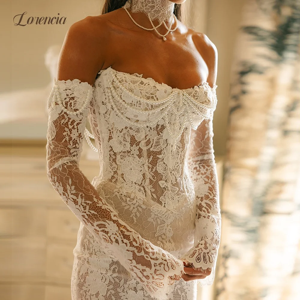 Lorencia Long Sleeves Lace Mermaid Wedding Dresses with Choker Pearls Baeding Basque Waist Fitted Bridal Gowns Customized