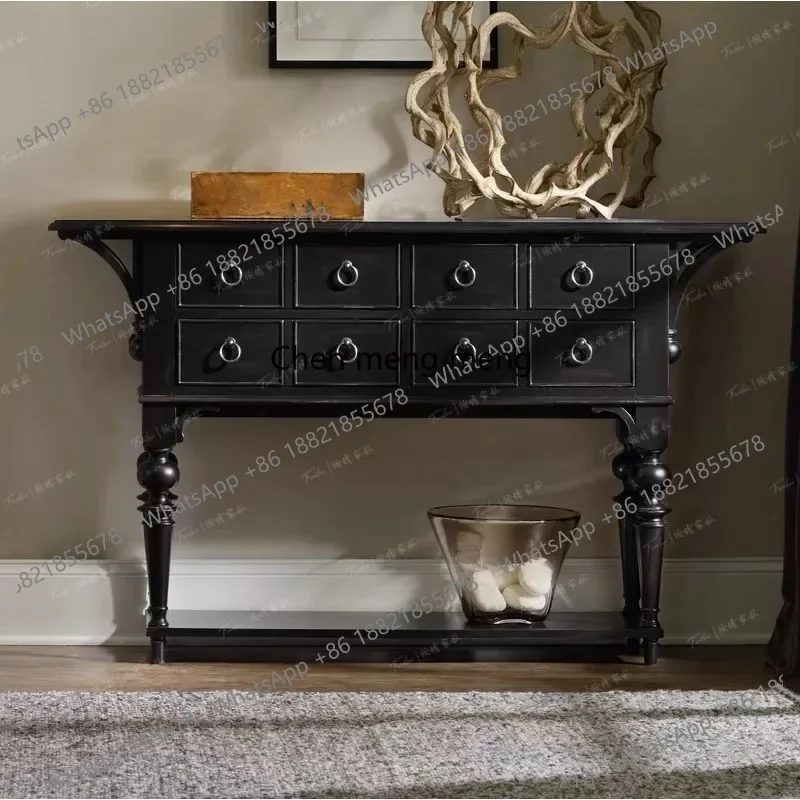 American solid wood retro entrance cabinet French black old living room side cabinet European simple locker