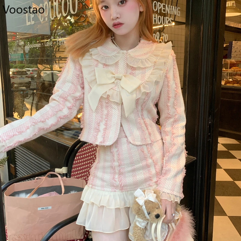 Elegant 2 Piece Set Women Patchwork Bow Pink Coats Short A-line Skirts Female Vintage Casual Sweet Mini Skirt Suit Autumn Winter