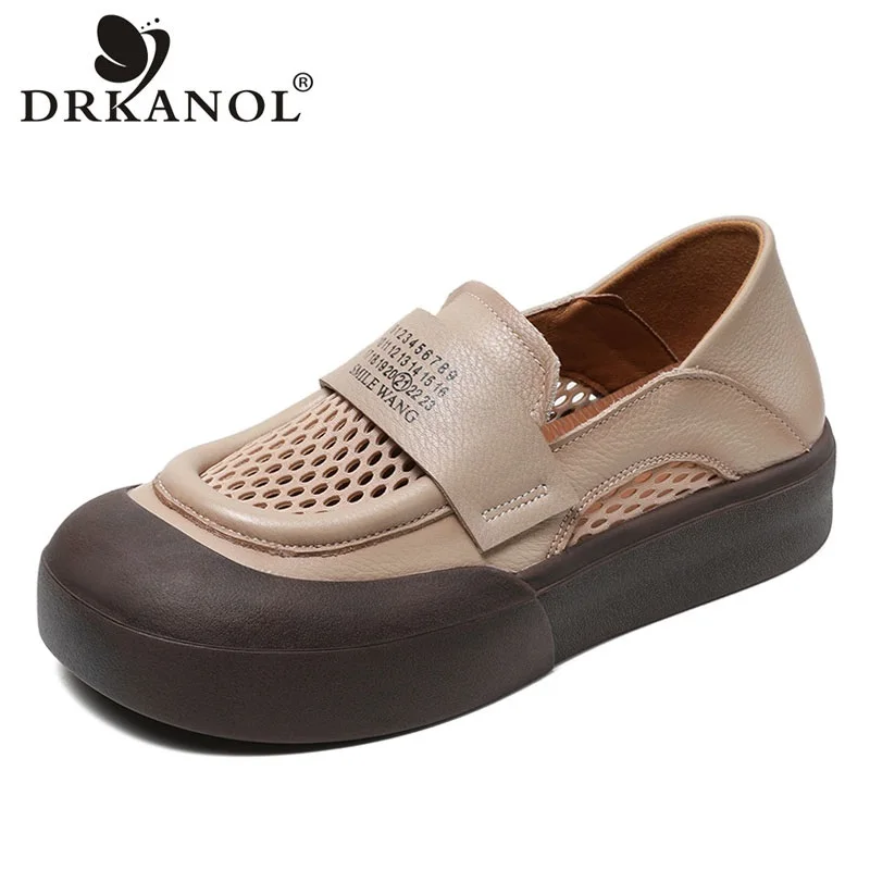 DRKANOL 2024 Summer Shoes Women Flat Platform Loafers Quality Genuine Leather Air Mesh Breathable Square Toe Casual Loafers