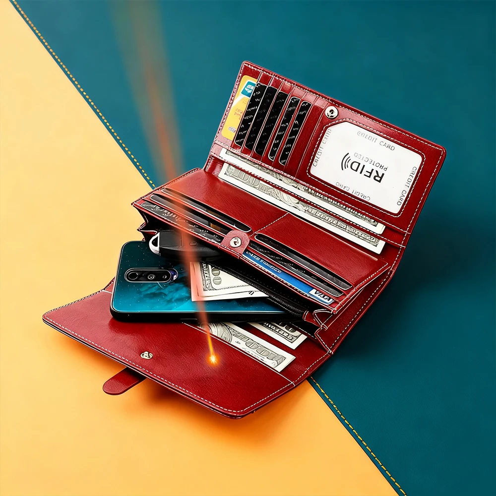 

Женский RFID-кошелек из натуральной кожи с гравировкой имени, большая емкость, держатель для карт на молнии, карман для телефона, женский кошелек высокого качества