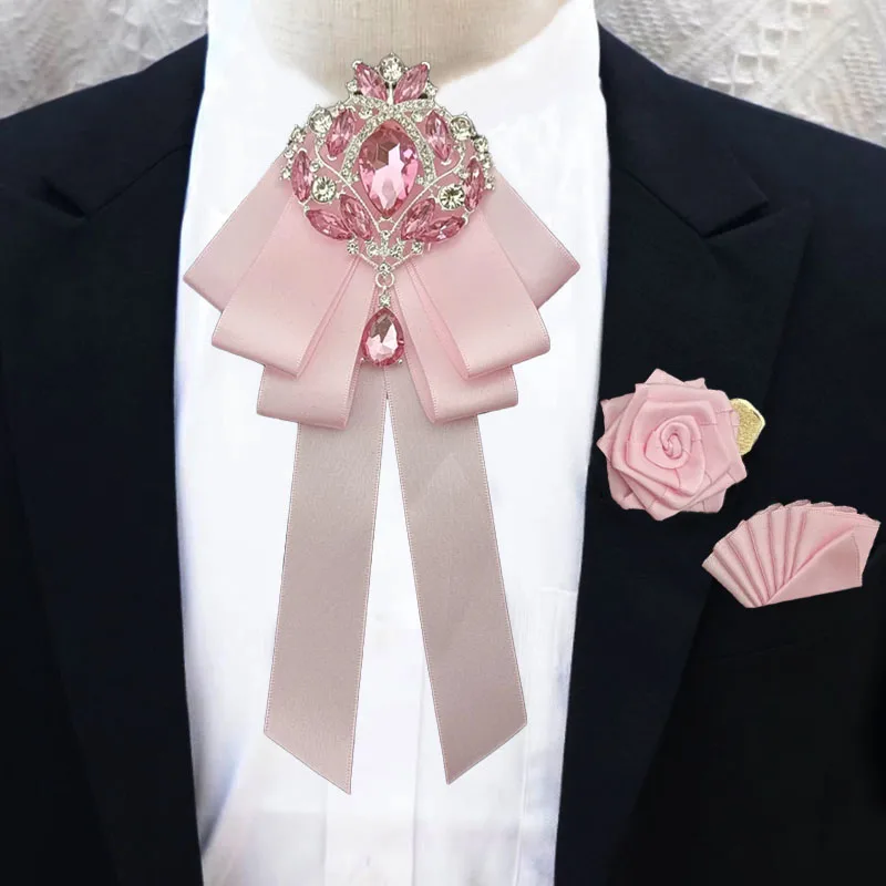 Hochzeit Fliege Brosche Set Mode Herren Kleid Anzug Hemd Zubehör Luxus Strass Kragen Blumen Corsage Tasche Handtuch Sets – Detail 3