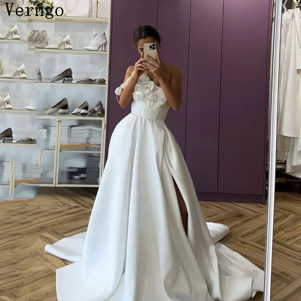 Verngo Elegant Crepe Wedding Dresses 3D Flowers A Line Bridal Gowns Side Slit Sweap Train Bride Dresses Customized