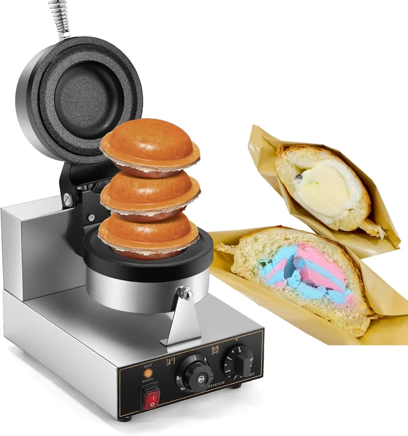 AK13 UFO-Style Commercial Waffle Burger Maker with Non-Stick Dual Plates for Creative Dessert Sandwiches