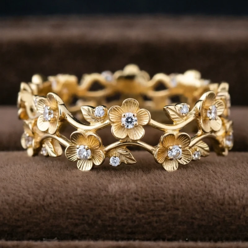 Elegant Romatic Handmade Synthetic Zirconia Floral Vine Golden Ring Women's Vintage Luxury Banquet Anniversary Jewelry Accessory